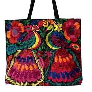 Embroidered Peacock Corduroy Canvas Tote Bag Black Pink Multicolor Artsy NEW